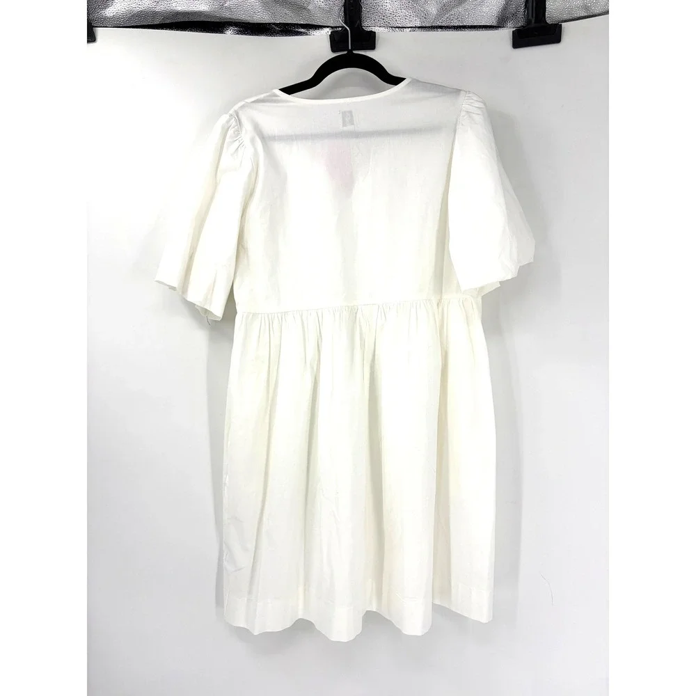 Joie White Cotton Poplin Babydoll Mini Dress Short Puff Sleeve Bow Front Small
